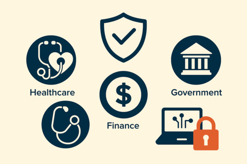 Illustration showing industries most targeted by Credential Harvesting attacks, including healthcare, finance, government, and tech, with icons representing each sector and a hacker figure in the background.