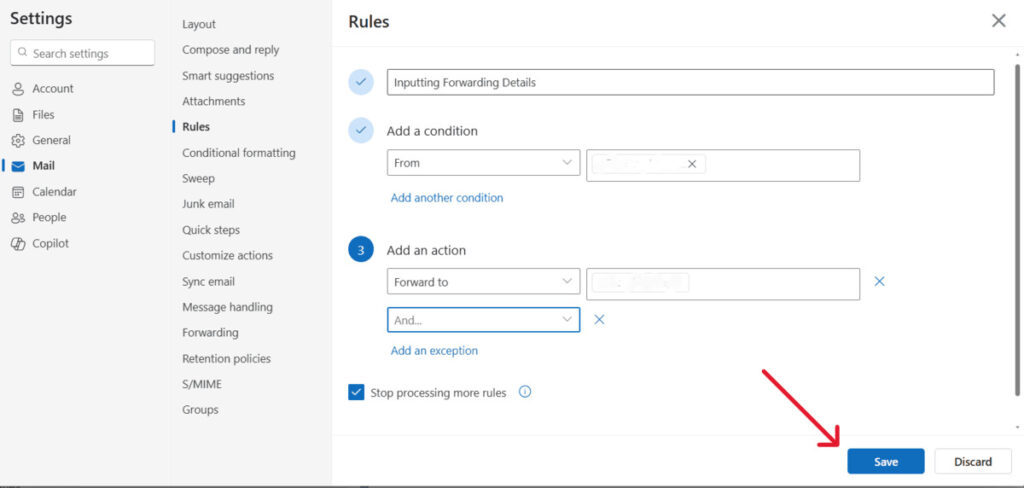 This is a screenshot of inputting forwarding details for the article: How to Auto Forward Emails in Outlook (Step-by-Step Guide).