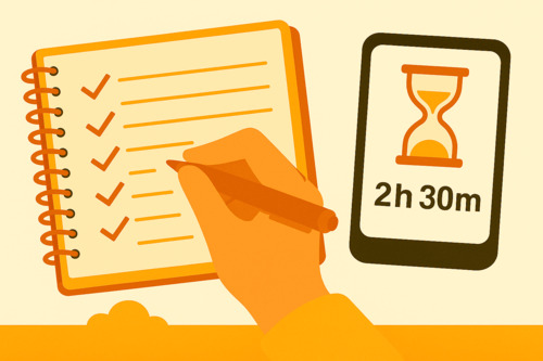 Flat-style illustration of a person writing in a journal while checking a phone with screen time data, symbolizing habit tracking to reduce screen time.