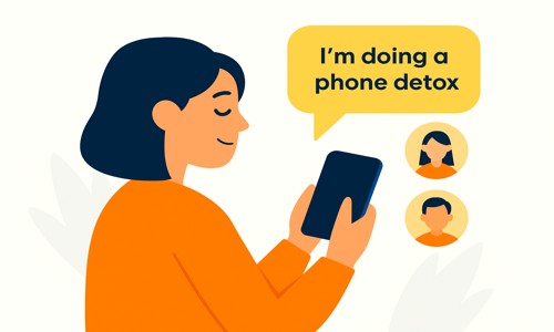 Phone Detox illustration showing a person informing friends and contacts about starting a digital detox