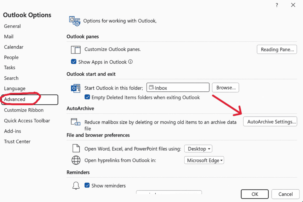 Screenshot showing how to enable Outlook’s Auto-Archive feature to automatically delete or move old emails in Microsoft Outlook settings.
