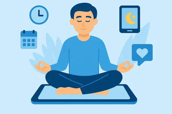 Phone Detox illustration showing a person meditating on a smartphone to reset the mind in 7 days