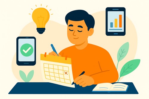 Phone Detox visual of a person planning future screen time habits after completing a digital detox