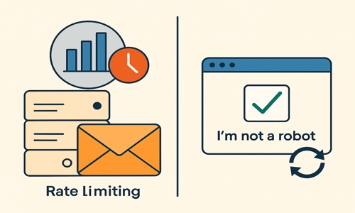 Visual representation of rate limiting and CAPTCHA as defenses against email bombing attacks, showing a blocked email icon and a human verification form.