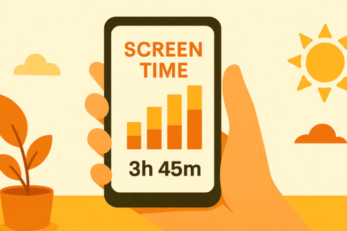 Illustration of a hand holding a phone showing decreasing screen time in bar chart format.