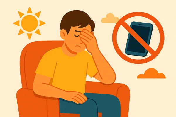 Illustration of a frustrated person sitting with hand on face, symbolizing digital fatigue, next to a no-phone icon — representing efforts to reduce screen time.