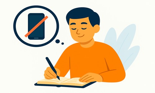 Phone Detox illustration of a person journaling and reflecting on their digital detox progress