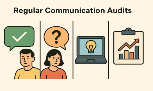 Illustration showing quarterly email communication audits to reduce inbox overload: reviewing wins, identifying issues, sharing new ideas, and tracking team improvements.