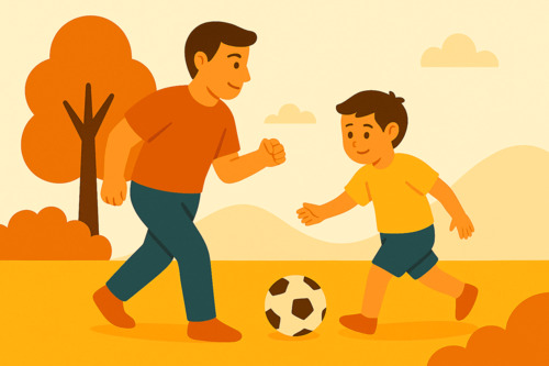 Flat-style illustration of a father and child enjoying outdoor activities as a healthy way to reduce screen time through real-world connection and play.