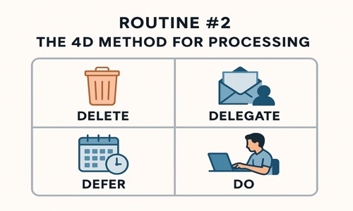 Visuals showing the 4D method to manage email overload: Delete, Delegate, Defer, and Do—each represented with icons for faster inbox processing.