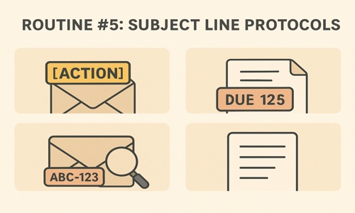 Illustration showing healthy email habits to reduce inbox overload: use subject line prefixes, include project codes, mark deadlines, and write clear subject lines.
