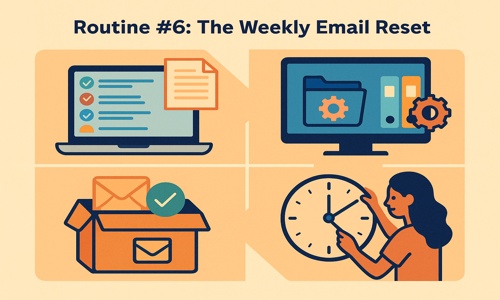 Illustration of a weekly email reset routine to reduce inbox overload: clearing messages, updating folders, archiving emails, and reviewing time management habits.