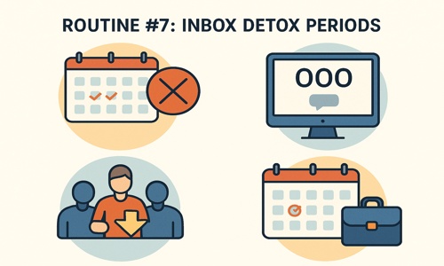 Infographic illustrating inbox detox routines to reduce email overload: email-free weekends, using OOO replies, team-wide low-email days, and quarterly inbox breaks.