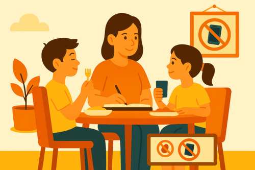 A warm flat-style illustration of a family spending quality time together at a dining table in a screen-free zone, with no electronic devices visible, promoting reduced screen time and meaningful interaction.