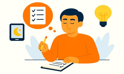 Phone Detox illustration showing a person writing intentions to improve focus, sleep and reduce digital fatigue