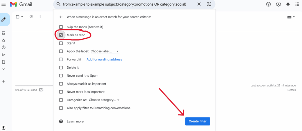 This is a screenshot of the third step in automating the process to mark all emails as read in Gmail.