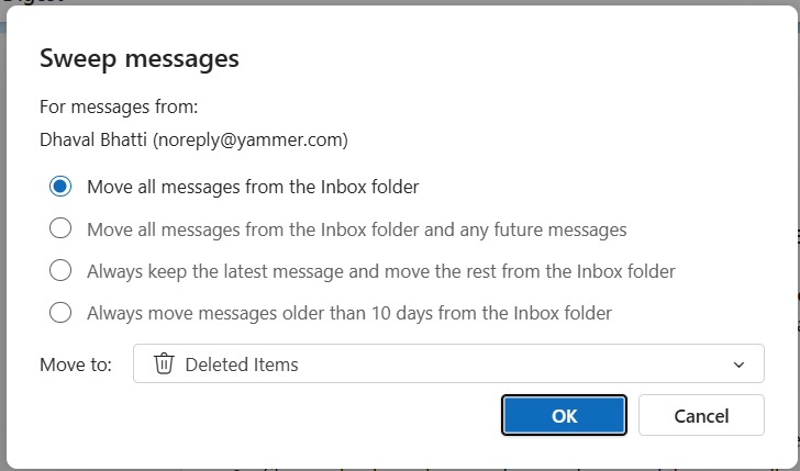 This is a screenshot of the second step of the sweep feature for the article: how to organize your emails in outlook