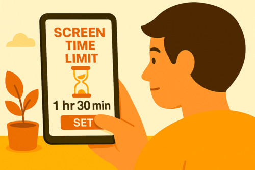 A person holding a smartphone with a screen showing a daily screen time limit of 1 hour and 30 minutes, illustrating a strategy to reduce screen time and promote healthier digital habits.