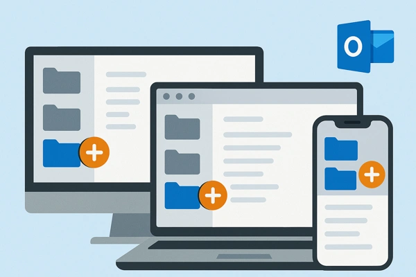 This is an illustration of how to add a folder in Outlook, across desktop, web, and mobile platforms.