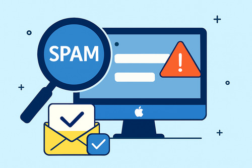 Flat-style illustration of a computer screen with a warning icon and the word “SPAM” under a magnifying glass, symbolizing spam detection and email filtering.