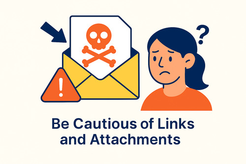 Illustration of a concerned woman next to an email envelope containing a malware warning symbol, highlighting the risks of opening suspicious links and attachments — part of an article on email security best practices.