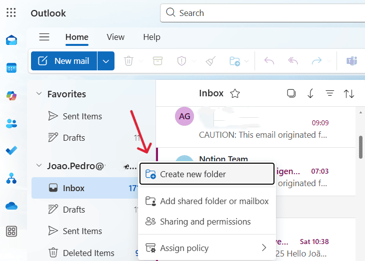Visual representation of creating a top-level folder in Outlook