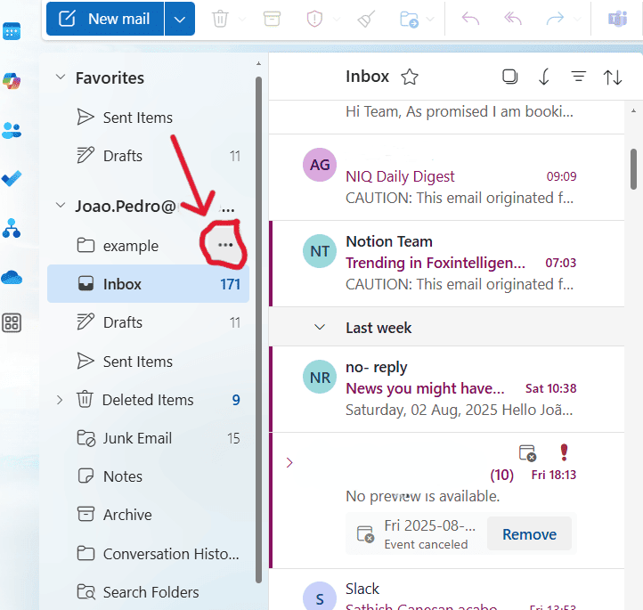 This is a screenshot of the first step to creating a subfolder in Outlook.