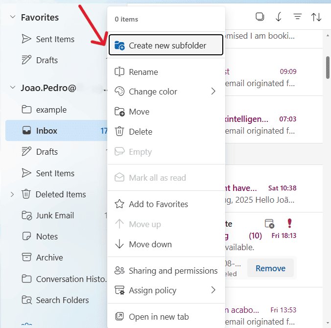 This is a screenshot of the second step to creating a subfolder in Outlook.