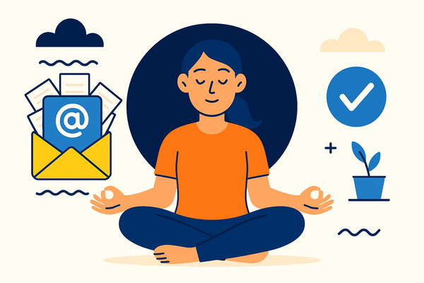Flat-style digital illustration of a woman meditating in a cross-legged pose, symbolizing calm and focus, with an envelope full of emails on one side and icons of a checkmark and a plant on the other, representing email organization and balance.