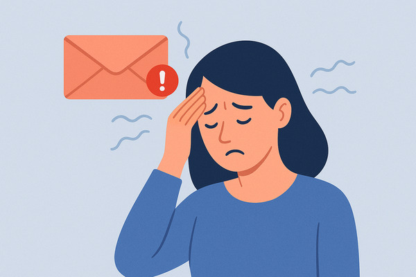 Illustration of a stressed woman holding her head with an email notification symbol above her, representing email anxiety in daily life
