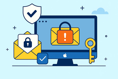 Illustration of secure email communication showing envelopes with padlocks, a shield with a checkmark, and a key next to a desktop screen—representing email encryption and data protection.