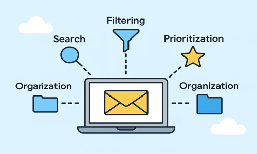 Illustration of email hygiene showing a laptop with an envelope on the screen, surrounded by icons representing email verification, duplicate removal, subscriber engagement, and spam complaint management.