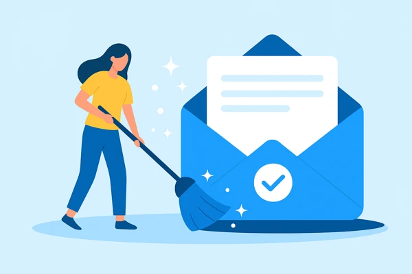 This is a screenshot of a woman cleaning her Outlook inbox, used for the article Email Hygiene: Keep Your Inbox Clean, Organized, and Stress-Free