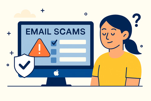 Illustration of a woman sitting in front of a computer screen displaying the words “EMAIL SCAMS” with checkboxes, a warning icon, and a security shield — representing the importance of educating users to recognize and avoid email fraud.
