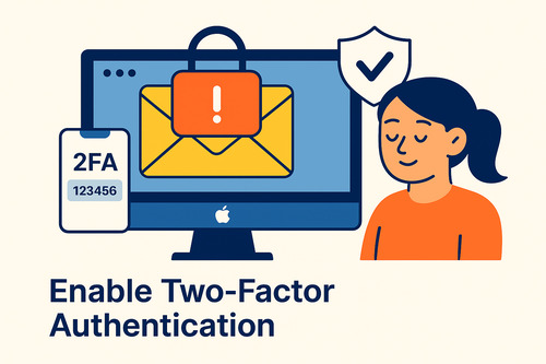 Illustration showing a person enabling two-factor authentication (2FA) on a smartphone, representing an essential step in protecting inbox security — part of the guide "Email Security Best Practices: 10 Simple Ways to Protect Your Inbox".