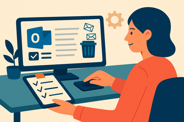 Illustration showing how to delete a folder in Outlook step by step — a woman at a desk using a computer with the Outlook interface, highlighting a folder and trash bin icon.