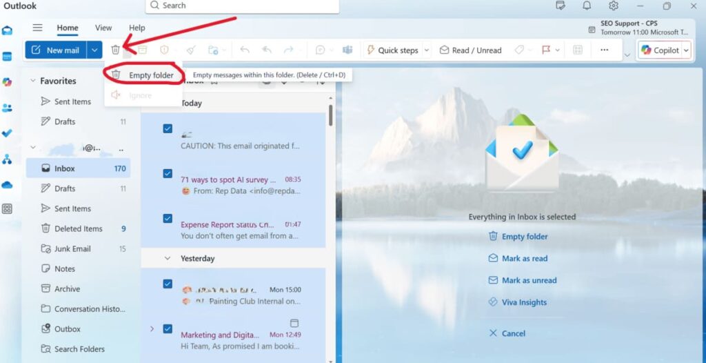 This is a screenshot of How to Delete All Your Emails at Once in outlook step 2