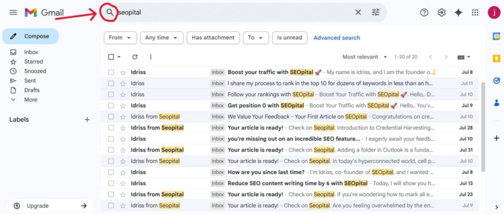This is a screenshot of step 1 in the process of deleting all your emails at once in Gmail.