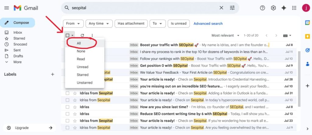 This is a screenshot of step 2 in the process of deleting all your emails at once in Gmail.