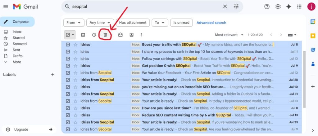 This is a screenshot of step 3 in the process of deleting all your emails at once in Gmail.