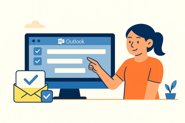 Illustration of a woman pointing at a computer screen with checkboxes in Outlook, symbolizing the process of selecting multiple emails step-by-step.