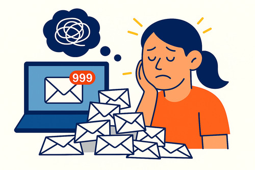 Flat-style digital illustration of a frustrated woman sitting beside a pile of envelopes, with a laptop displaying an overflowing inbox showing “999” unread emails and a scribble thought bubble above her head, symbolizing stress and overwhelm from email overload.