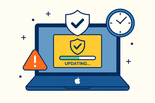 Illustration of a laptop displaying a security update in progress, with shield icons, a warning symbol, and a clock — emphasizing the importance of keeping software up to date to protect against email threats.