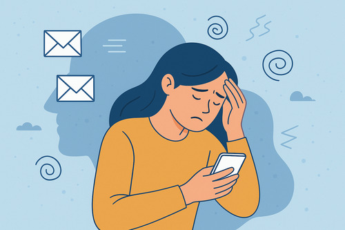 Flat illustration of a stressed woman holding a smartphone with email icons and abstract stress lines around her, symbolizing the psychological impact of email anxiety on mental well-being