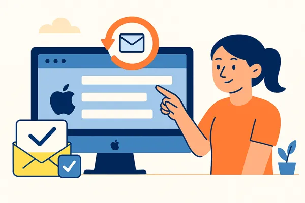 A woman using a MacBook to check and refresh her email inbox, illustrating the process of refreshing mail on a Mac.
