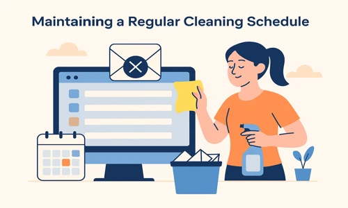 Illustration of a woman cleaning a computer screen with a cloth and spray bottle, representing email hygiene. The screen shows unread emails and a delete icon, while a calendar and trash bin with discarded emails highlight the concept of maintaining a regular cleaning schedule.