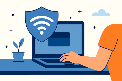 Illustration of a person using a laptop with a large Wi-Fi shield icon, symbolizing secure internet connection — highlighting the importance of using protected networks or VPNs when accessing email.