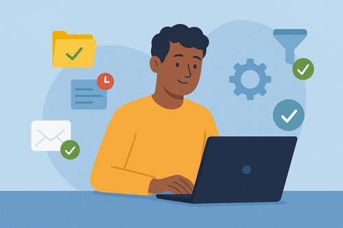 Illustration of a man working on a laptop, surrounded by icons of email, folders, a clock, a gear, and a filter, symbolizing email organization and productivity tools.