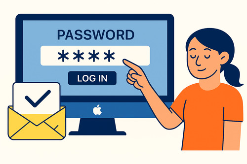 A flat-style digital illustration of a person creating a strong password on a computer screen, symbolizing secure email account protection using unique credentials — part of best practices for email security.