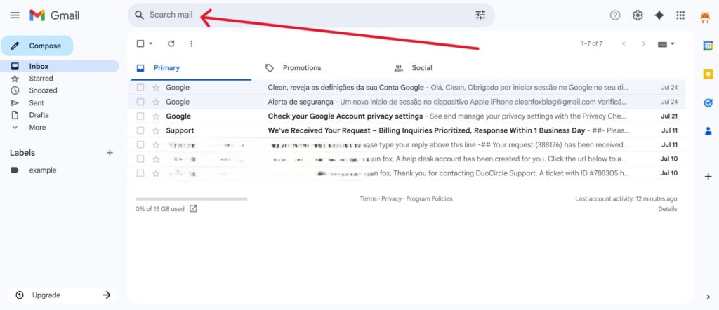 This is a screenshot of the first step to find archived emails in gmail using search bar